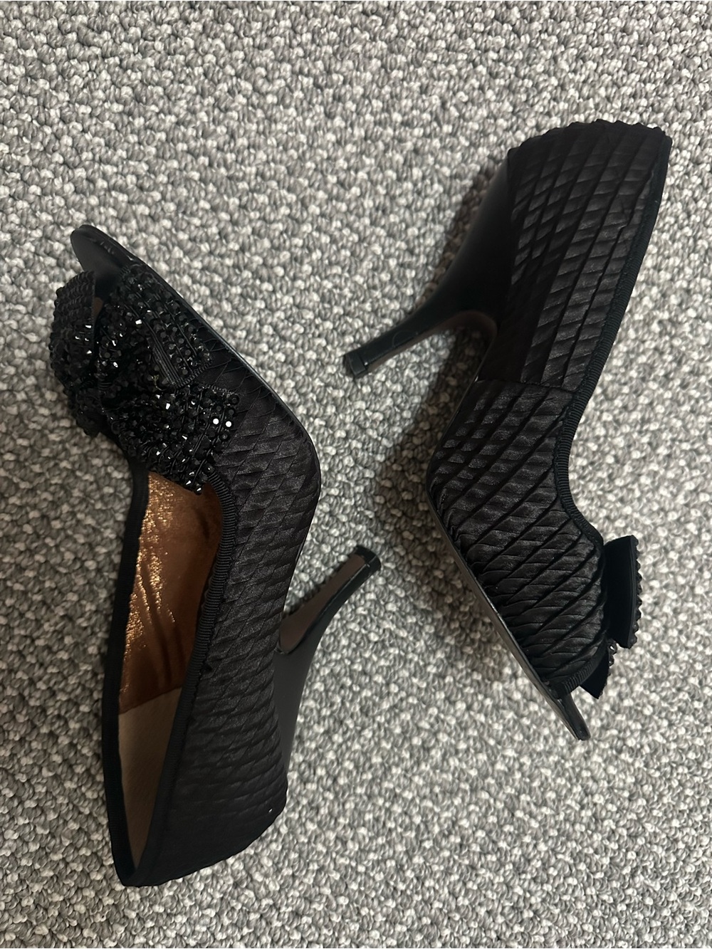 Black Quilted Sequined Bow Women's High Heels